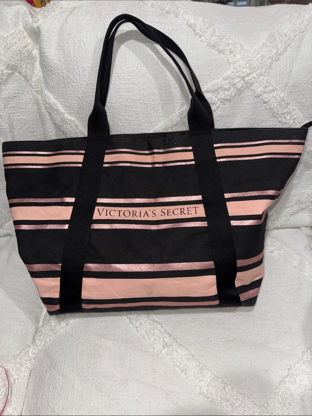 Victoria's Secret Black and Pink Striped Canvas Tote
